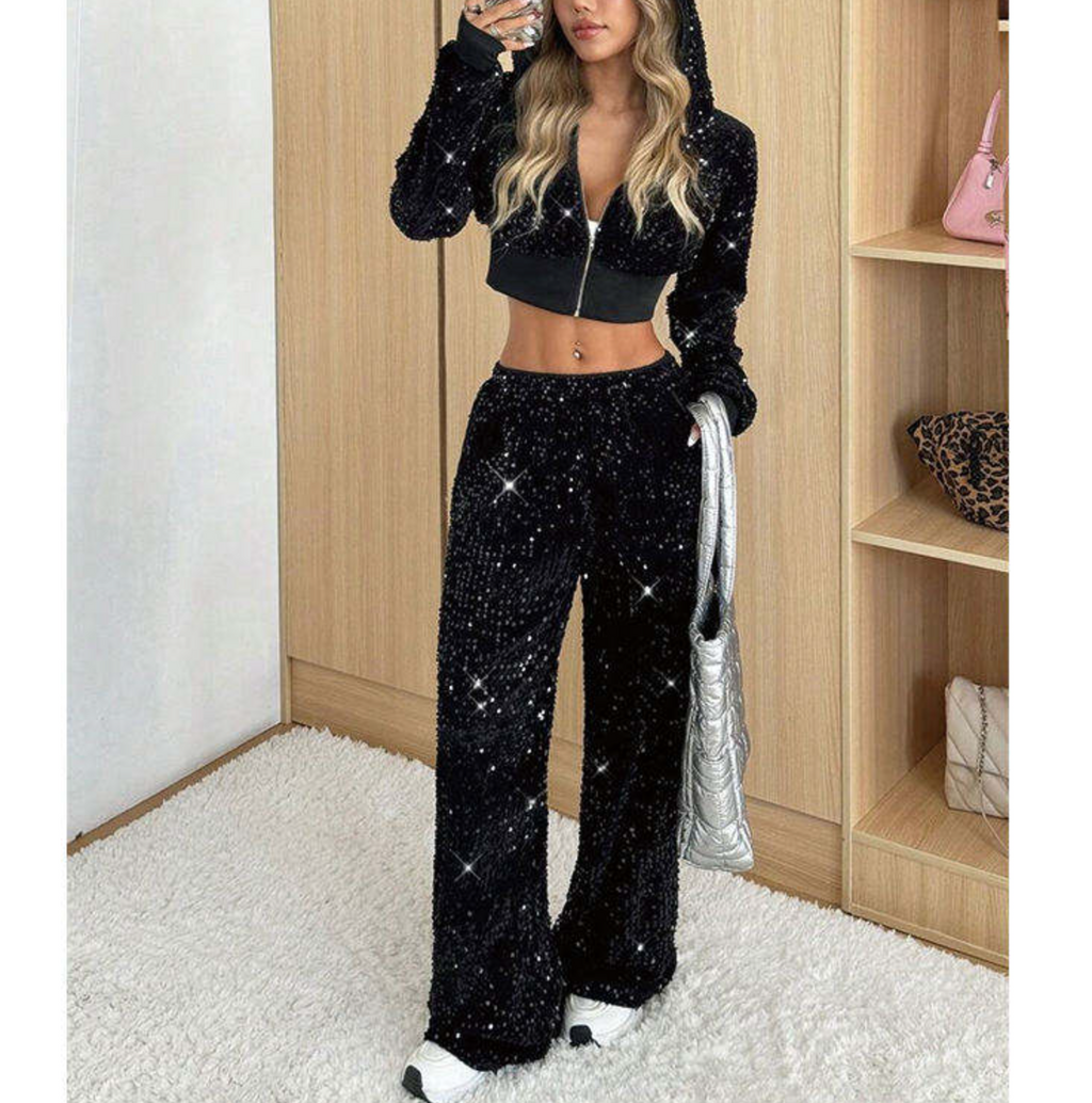 Women’s Rhinestone Zip-Up Hoodie & Wide-Leg Pants 2