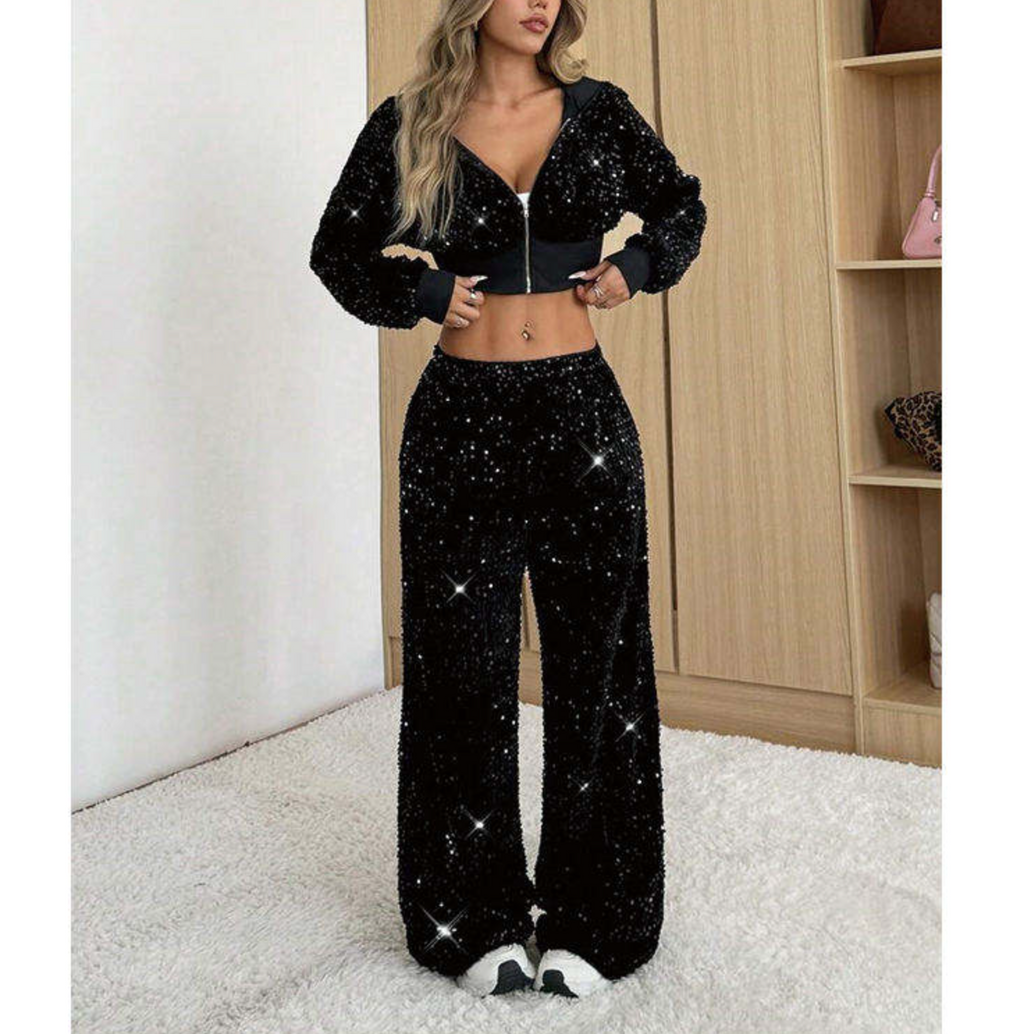 Women’s Rhinestone Zip-Up Hoodie & Wide-Leg Pants 2