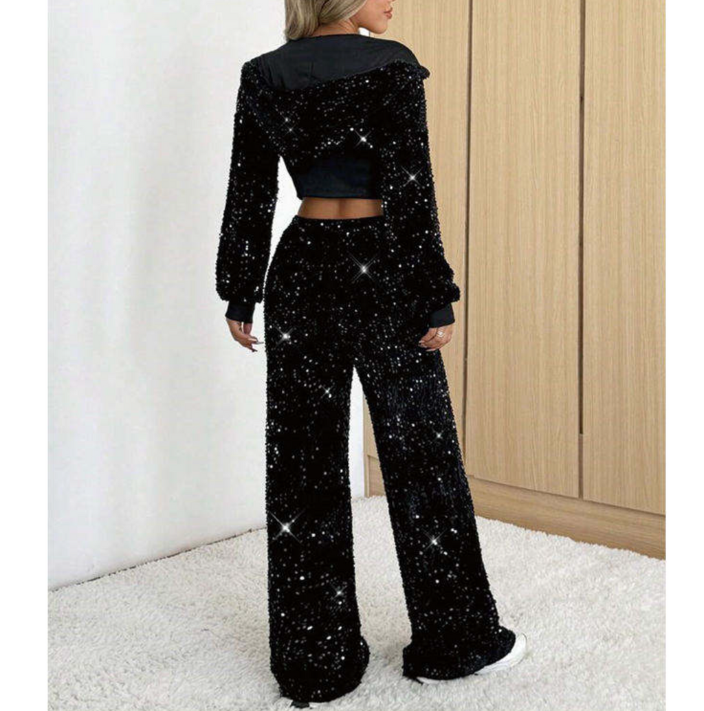 Women’s Rhinestone Zip-Up Hoodie & Wide-Leg Pants 2